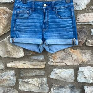 American Eagle Hi-Rise Shortie Super Stretch dark wash jean shorts size 4 (28)